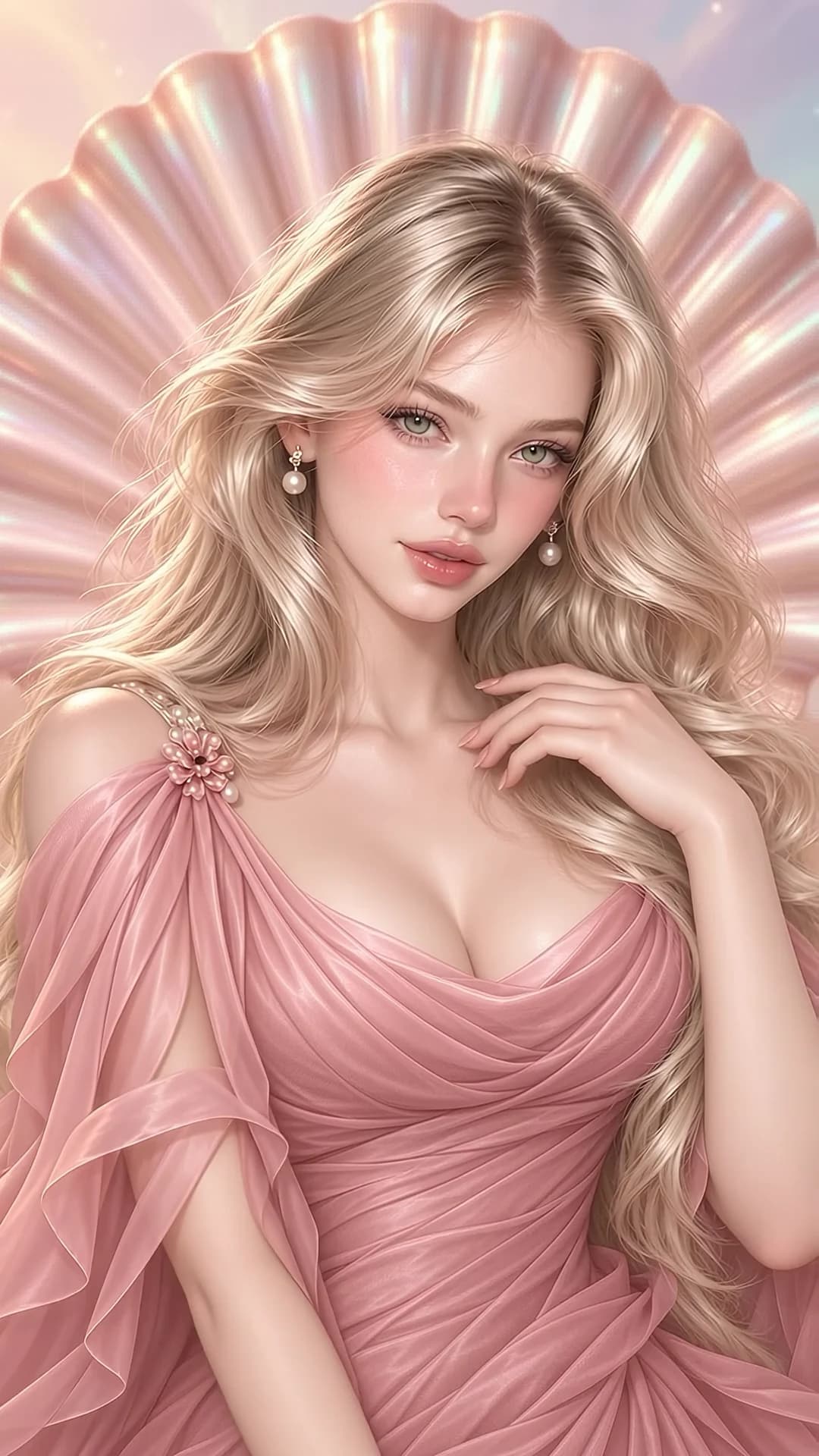 진주빛 조개 후광 앞에서 핑크 드레스를 입은 금발 아프로디테